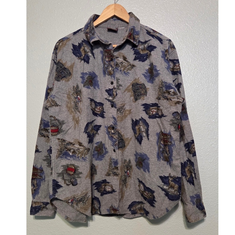 Vintage Woolrich Camping Fishing Theme Button Up ~Lrg Gorpcore Outdoor